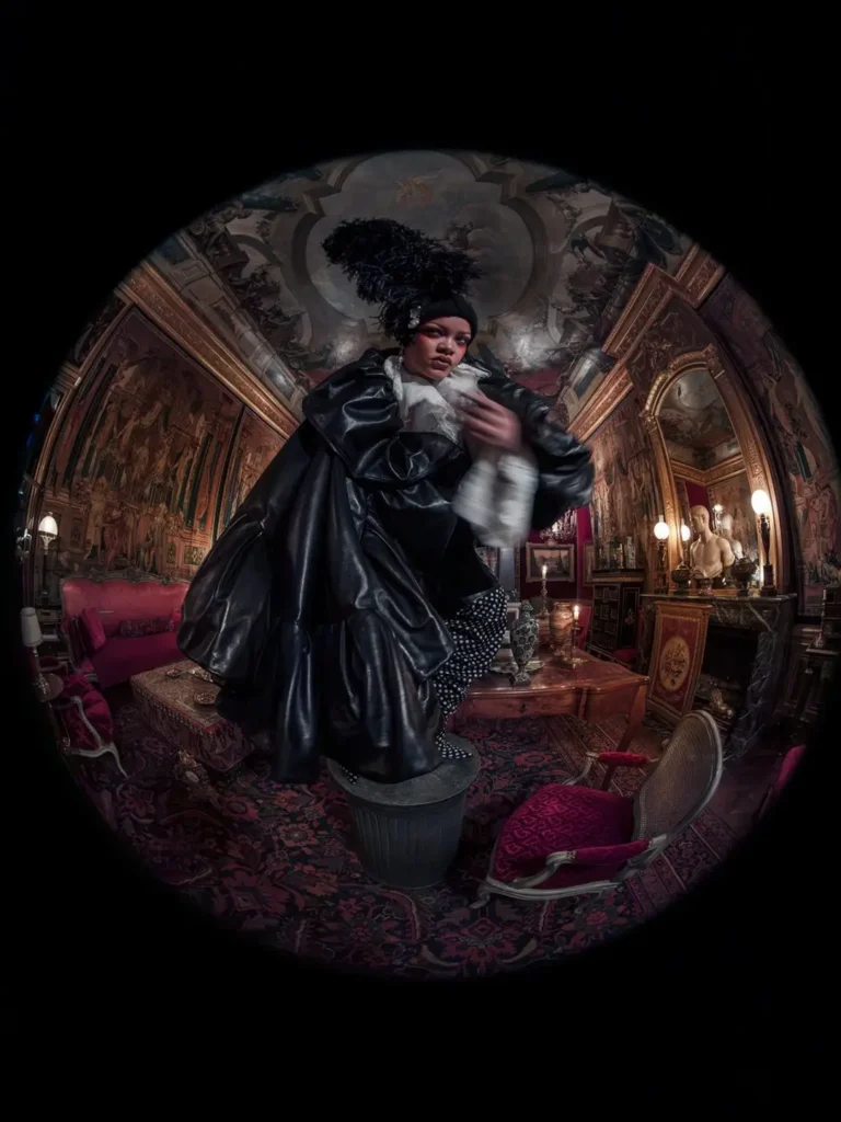 A fisheye-lens fashion image set in a richly decorated, baroque-style room filled with ornate furniture, tapestries, and painted ceilings. At the center, a woman stands elevated on a pedestal, wearing a voluminous black leather-like garment layered over textured pieces, with a dramatic feathered headpiece rising upward. The wide-angle distortion curves the lavish interior around her, intensifying the theatrical, almost surreal atmosphere while her poised, commanding stance anchors the composition