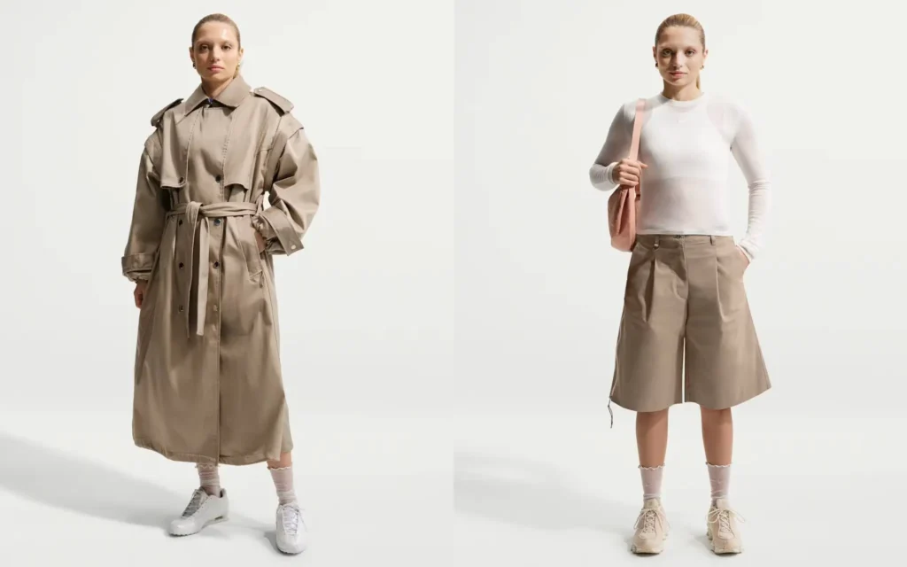 Model wearing Nike Airreverent women’s collection: oversized beige water-repellent trench coat with white shoe (left) and white semi-sheer long-sleeve knit top with beige pleated shorts and pink bag (right). Fluid techwear inspired by Air Liquid Max