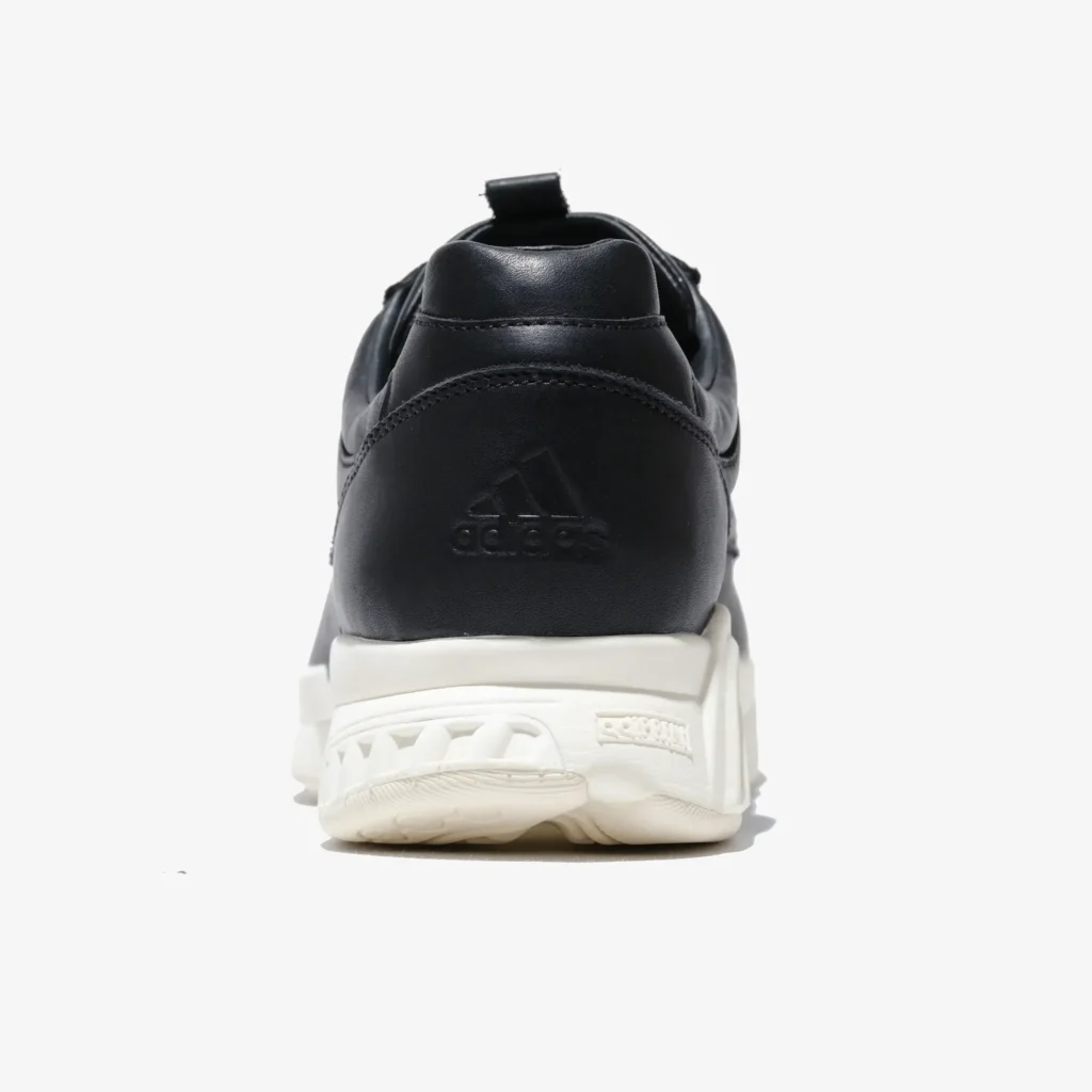 rear view of adidas Climacool Boat “Core Black” mita shoe showing black leather heel with embossed adidas logo and sculpted off-white ventilated sole