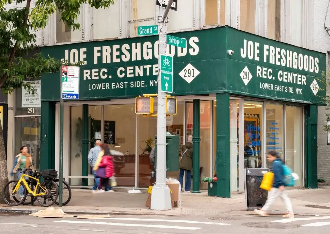 Street view of Joe Freshgoods Rec. Center storefront at the corner of Grand and Eldridge Streets in NYC