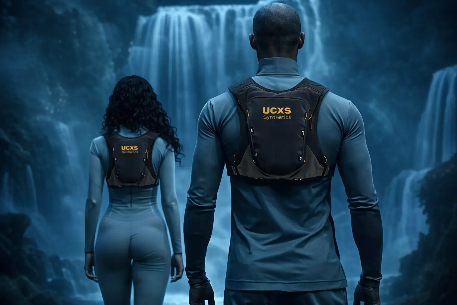 Two figures wearing UCXS Synthetics harness vests walk toward a misty waterfall landscape, highlighting the modular gear in a cinematic, futuristic environment