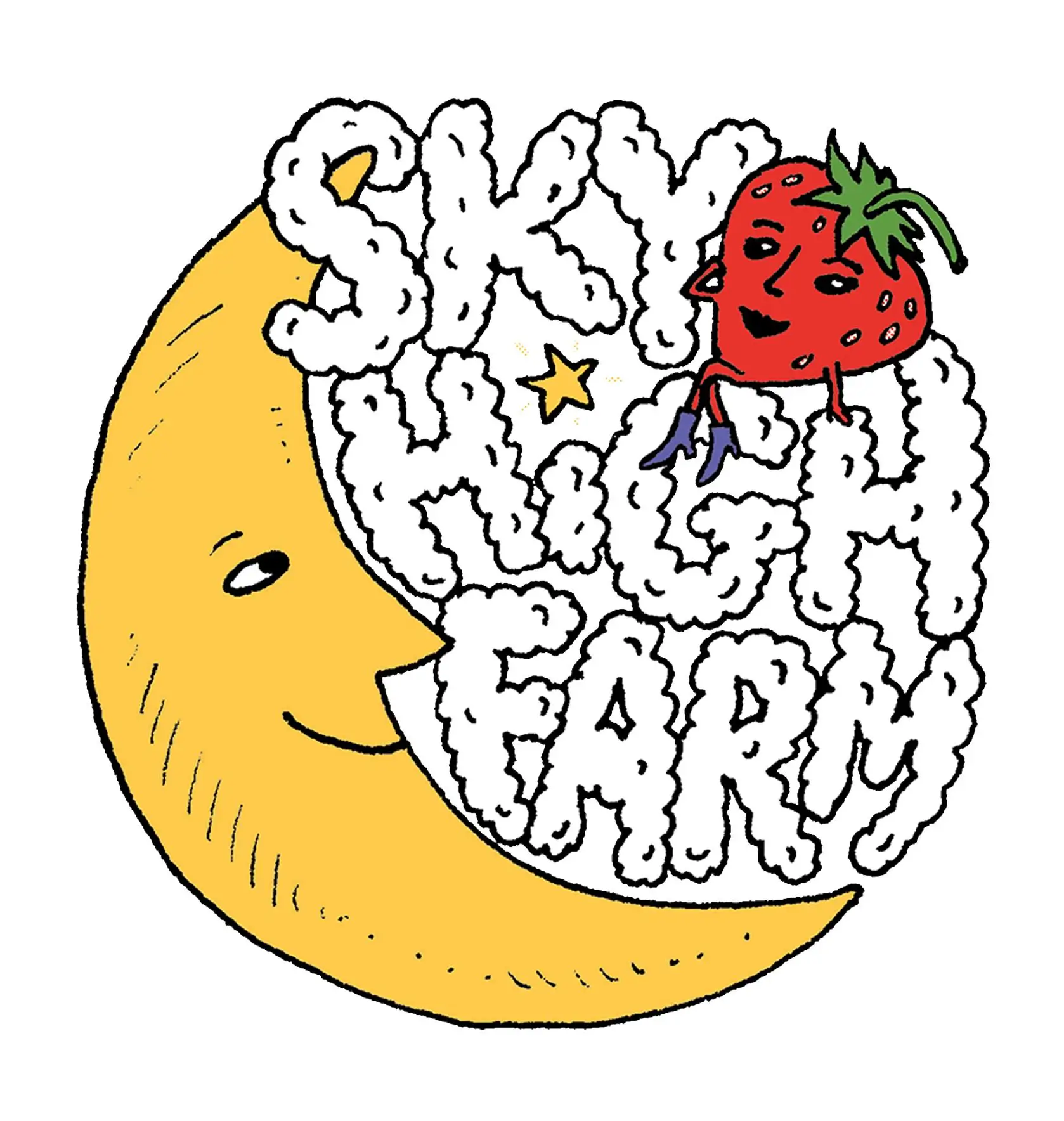 Hand-drawn illustration of a smiling crescent moon cradling cloud-like “Sky High Farm” lettering, with a cartoon strawberry character perched above and a small star detail in the center