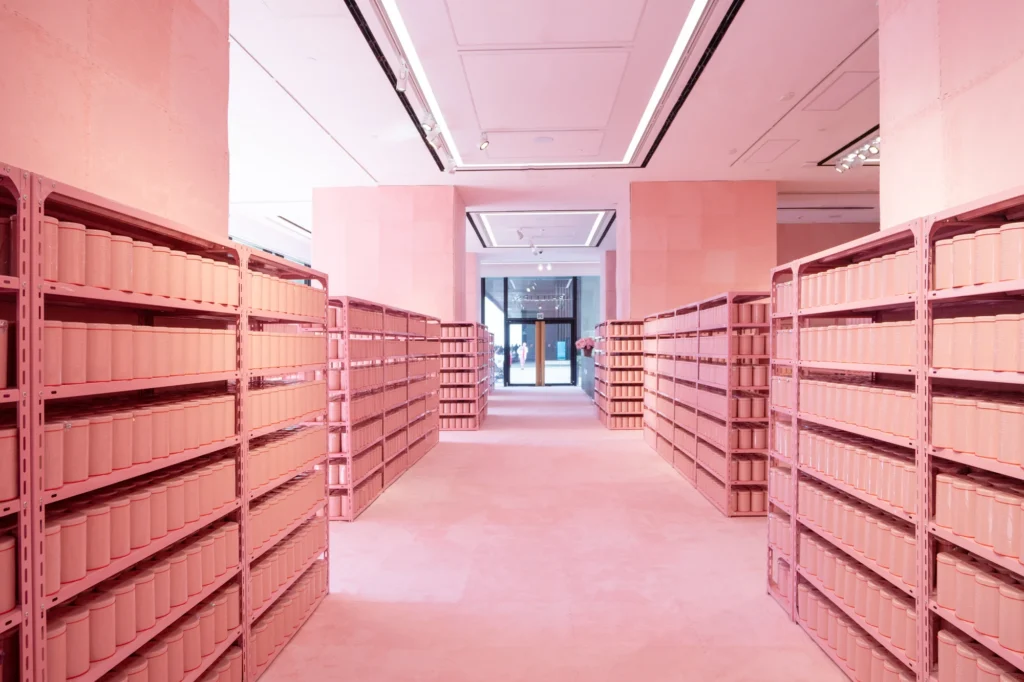 Pink supermarket-style installation with rows of uniform containers lining shelves inside Phillips Hong Kong space, highlighting immersive retail-inspired exhibition design for Cj Hendry juju project