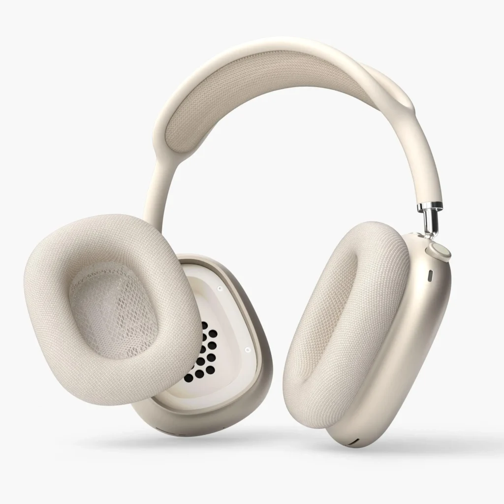 Apple AirPods Max 2 in a soft beige finish with mesh headband and removable ear cushions, highlighting premium materials and over-ear design