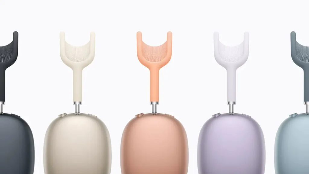 Apple AirPods Max 2 lineup displaying multiple color options with aluminum ear cups and mesh headbands in a clean studio arrangement