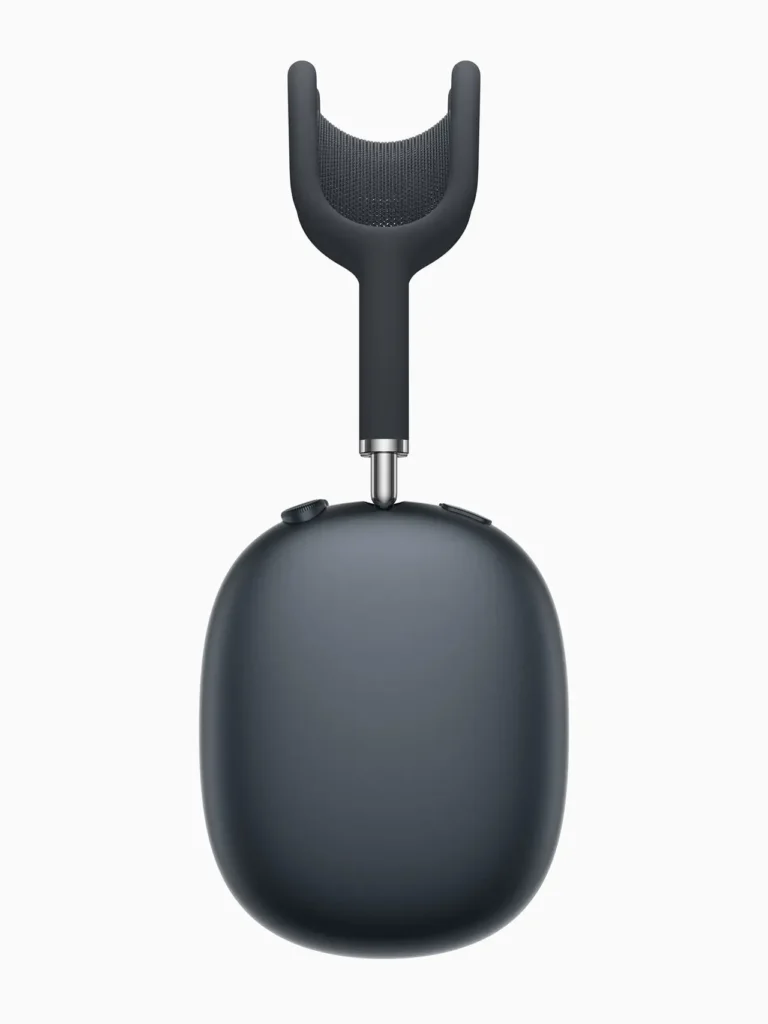 Apple AirPods Max 2 in dark finish shown from side view, highlighting aluminum ear cup, control dial, and mesh headband connection