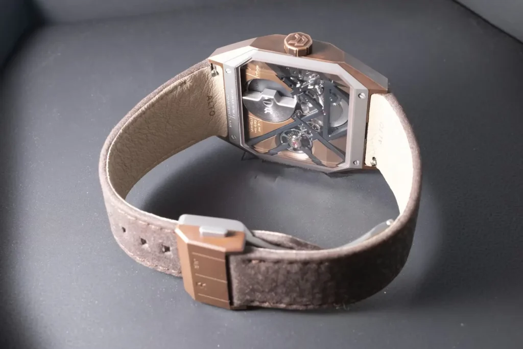 Alto Art 01 watch caseback showing skeletonized movement and geometric architecture through sapphire crystal