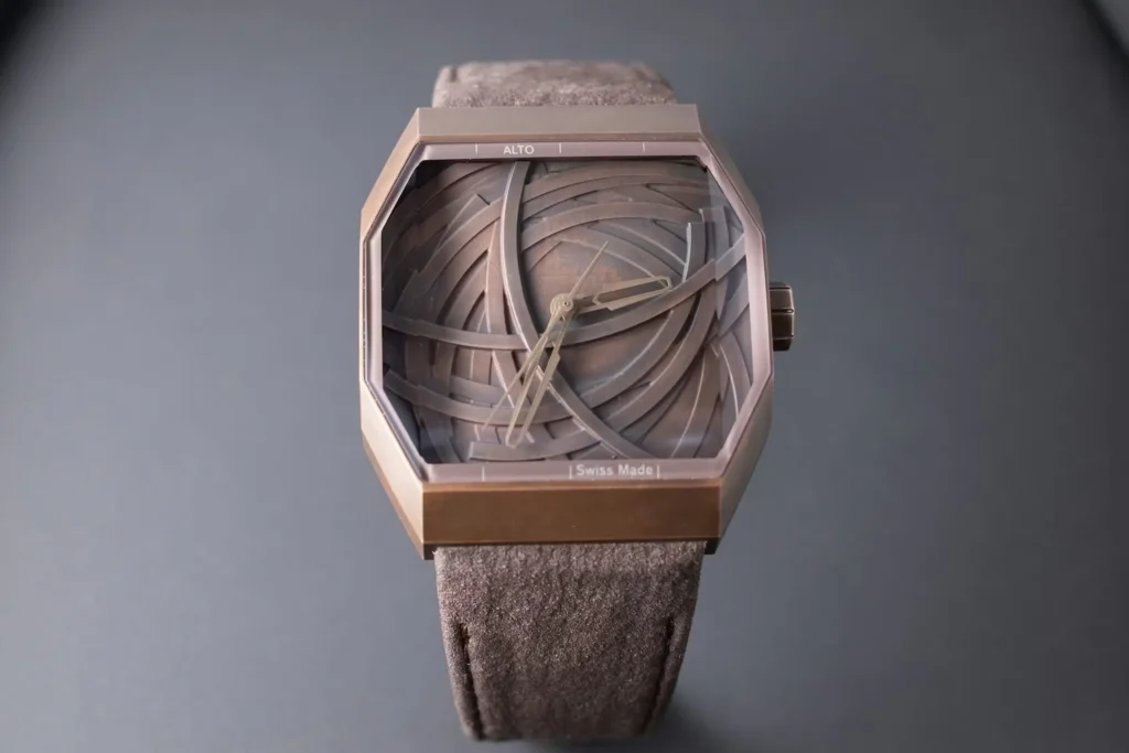 Front view of Alto Art 01 watch with angular case and sculptural layered dial