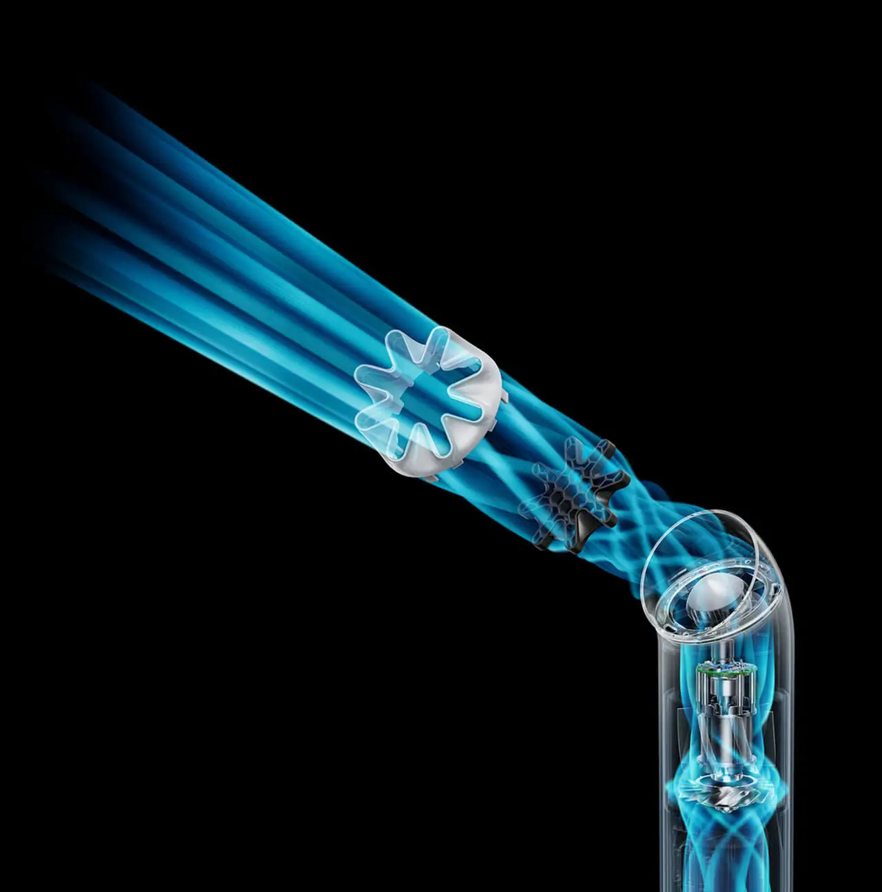 Cutaway visualization of the Dyson HushJet Mini Cool fan, illustrating internal airflow dynamics as air is drawn through the base, accelerated by the high-speed motor, and channeled through a precision star-shaped nozzle to produce a smooth, focused jet stream