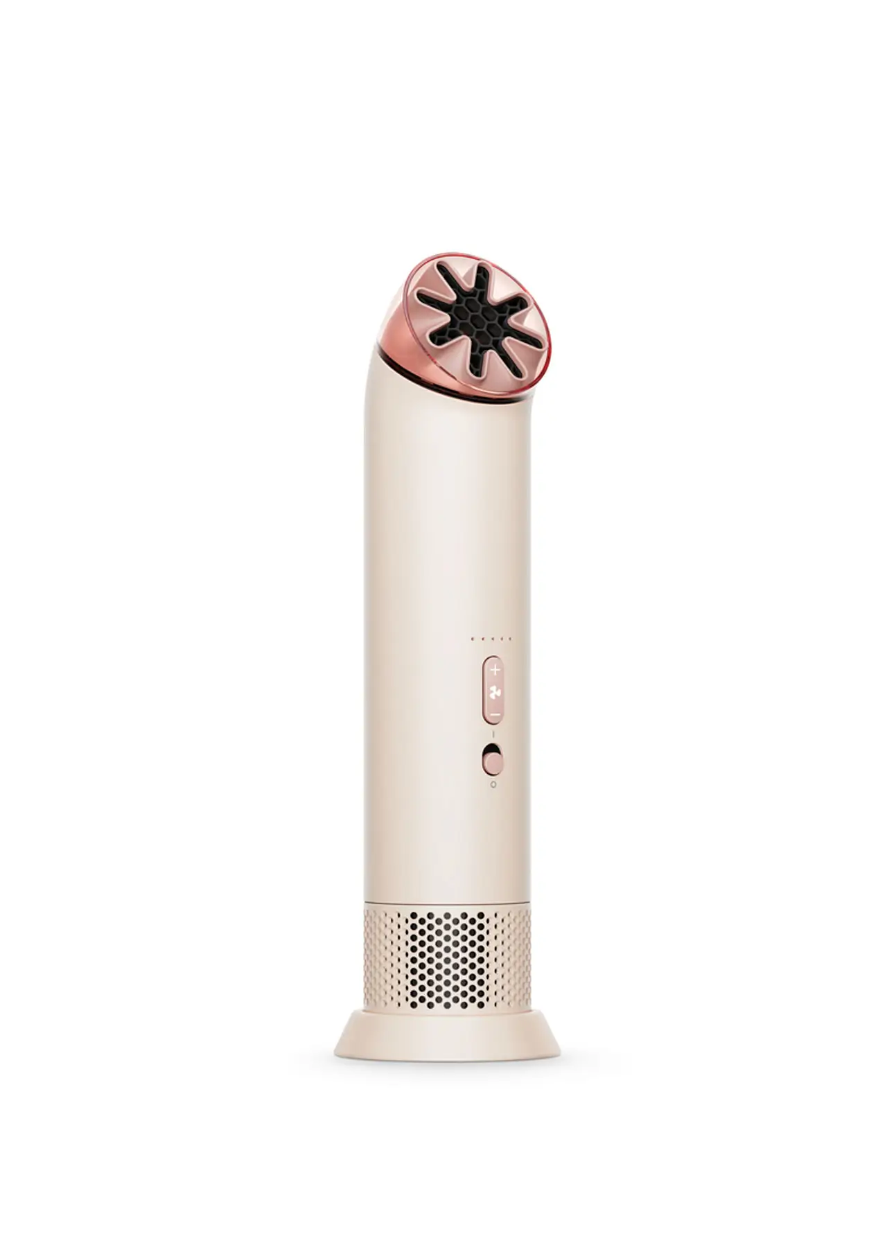 Compact handheld cooling device by Dyson in a soft beige and blush finish, featuring a precision star-shaped airflow nozzle, front-mounted control buttons, and a perforated base for air intake, representing the HushJet Mini Cool fan’s refined, portable design
