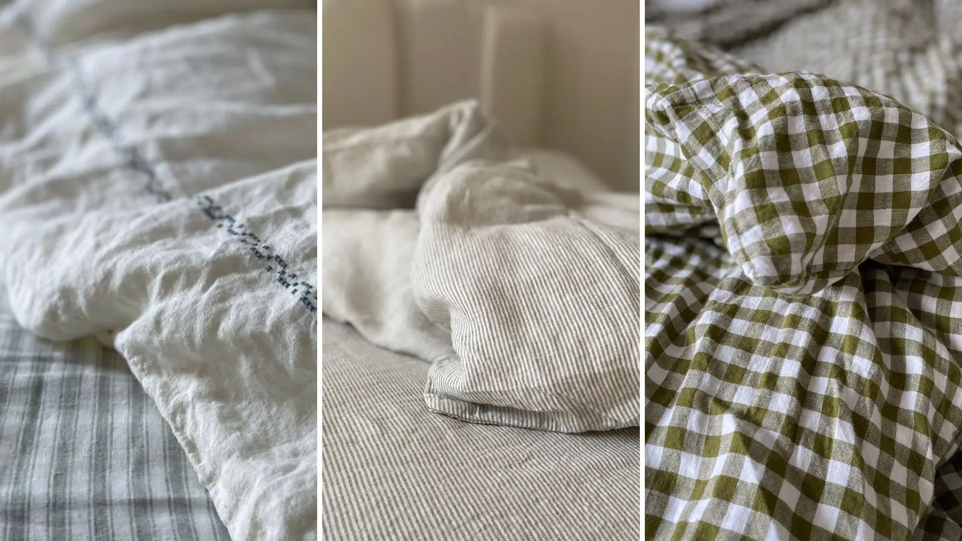 Three-panel bedding composition featuring textured cotton fabrics: soft striped poplin, neutral pinstripe pillows, and green gingham pattern, highlighting varied patterns and breathable material finishes