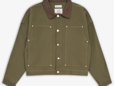 Front view of Estudio Niksen Carpenter Collar Jacket in khaki with a relaxed boxy silhouette, contrast stitching, large front patch pockets with rivet details, button-up closure, and textured checkered collar