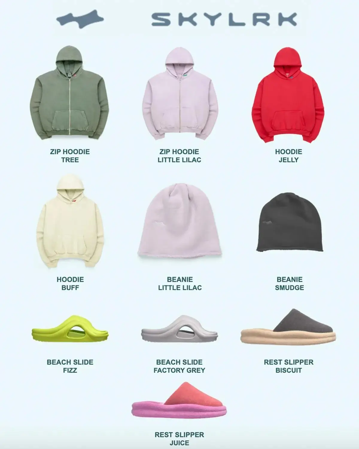 Skylrk product collection by Justin Bieber displayed on a clean white background. The lineup includes zip hoodies in Tree (sage green), Little Lilac (pastel purple), and Jelly (red), a Buff hoodie in cream, Little Lilac and Smudge beanies, plus colorful Beach Slides in Fizz (lime green) and Factory Grey, and cozy Rest Slippers in Biscuit and Juice (pink)