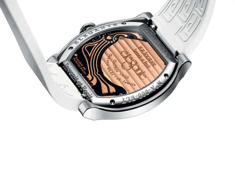 F.P. Journe Élégante 48 caseback showing Calibre 1210 electro-mechanical movement with gold-toned engraved bridge, visible circuitry, and white rubber strap attached to titanium tortue-shaped case