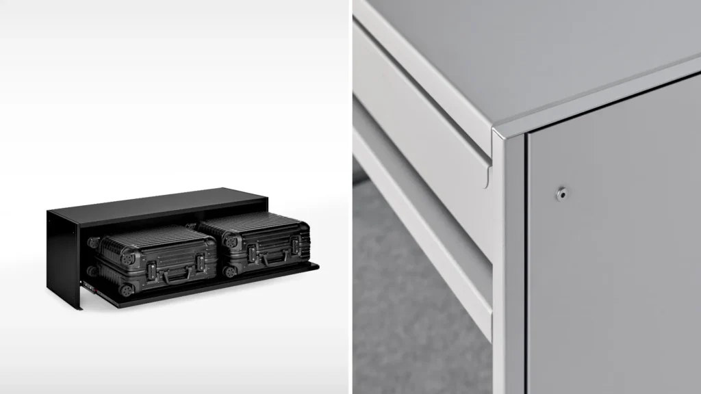 Split composition showing a minimalist metal storage unit: on the left, a low black cabinet with a pull-out shelf holding two compact hard-shell suitcases; on the right, a close-up of a light gray cabinet corner highlighting clean lines, a flush panel edge, and a small exposed screw