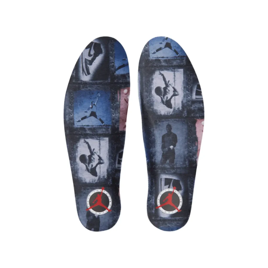 Close-up of Air Jordan 1 High OG “Flight Club” (2026) insoles featuring collage-style graphics of Jumpman silhouettes and archival imagery in blue tones with red Jumpman logos at the heel