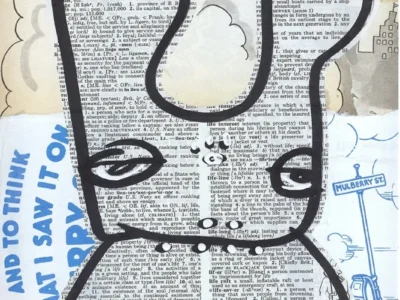 Mixed media artwork featuring a cartoon-like bunny outlined in bold black lines, filled with layered dictionary text on torn paper, set against a collage background of clouds, city sketches, and graphic elements including “Mulberry St.”