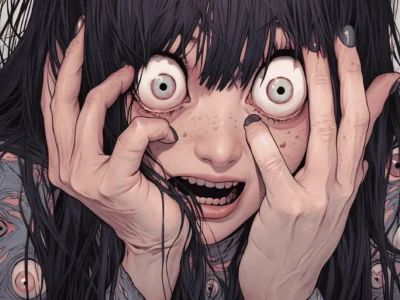 A distressed, anime-style girl with long black hair stares forward with exaggerated, wide-open eyes, her pupils small and intense. Her hands press into her face, pulling at the skin beneath her eyes as if in panic or disbelief. Freckles scatter across her cheeks, and her mouth is open in a strained, almost manic expression. The illustration uses sharp linework and muted tones, amplifying a sense of anxiety and psychological tension