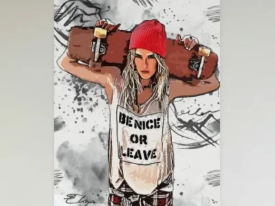 A stylized illustration of a young woman with long, tousled blonde hair wearing a red beanie and a sleeveless tank top that reads “BE NICE OR LEAVE.” She holds a skateboard behind her shoulders, gripping the trucks with both hands, projecting a confident, defiant stance. The background features abstract black ink splashes and sketch-like marks, giving the piece an urban, street-art aesthetic with a rebellious, skate culture edge