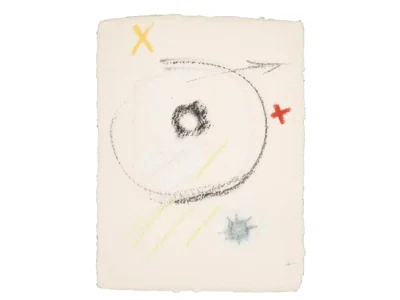 Abstract drawing on textured paper featuring a large hand-drawn circular form in charcoal with a dense central mark, intersected by faint curved lines, accented by a yellow X at the top, a red cross to the right, soft diagonal yellow strokes below, and a small blue star-like shape near the bottom right