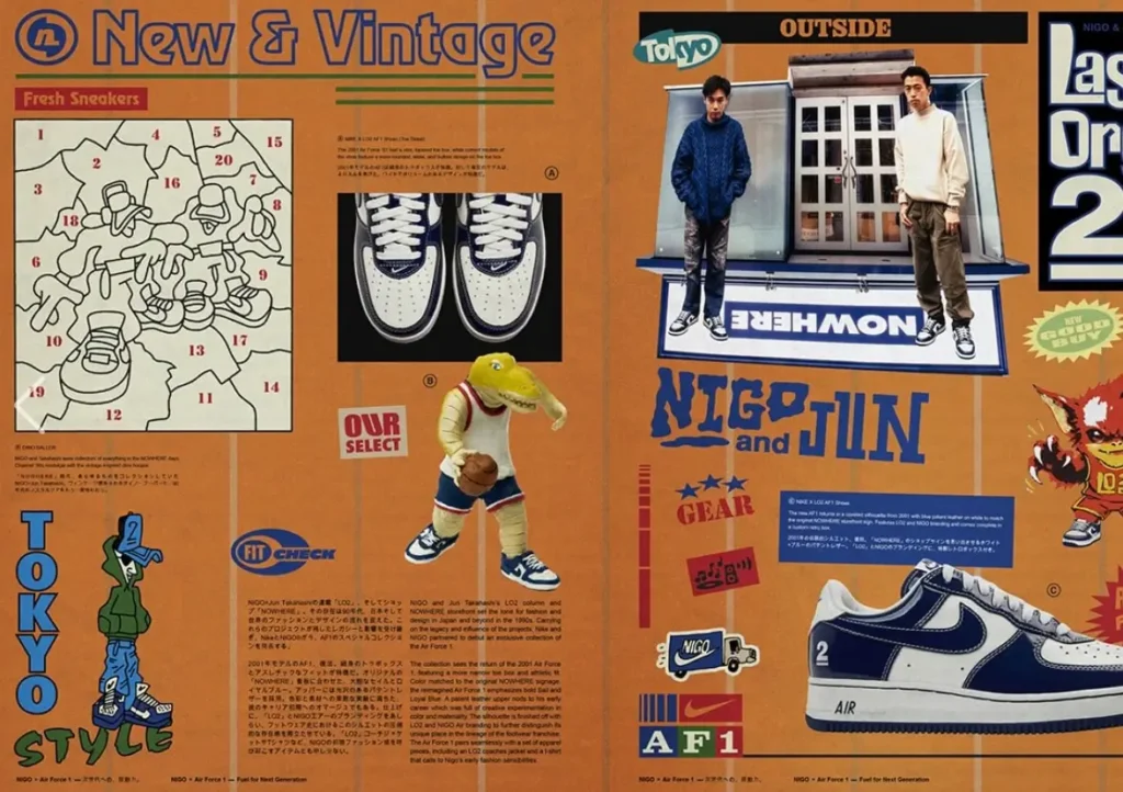 Magazine-style editorial spread with a bold orange backdrop, showcasing Nike x NIGO “Last Orgy 2” visuals through a mix of graphics, product shots, and street imagery. The layout features illustrated elements, typography like “New & Vintage,” “Tokyo Style,” and “NIGO and JUN,” alongside sneaker close-ups and character-style figures. Japanese text blocks and collage-style composition reinforce a retro, archival zine aesthetic blending streetwear culture, Tokyo influence, and playful design storytelling