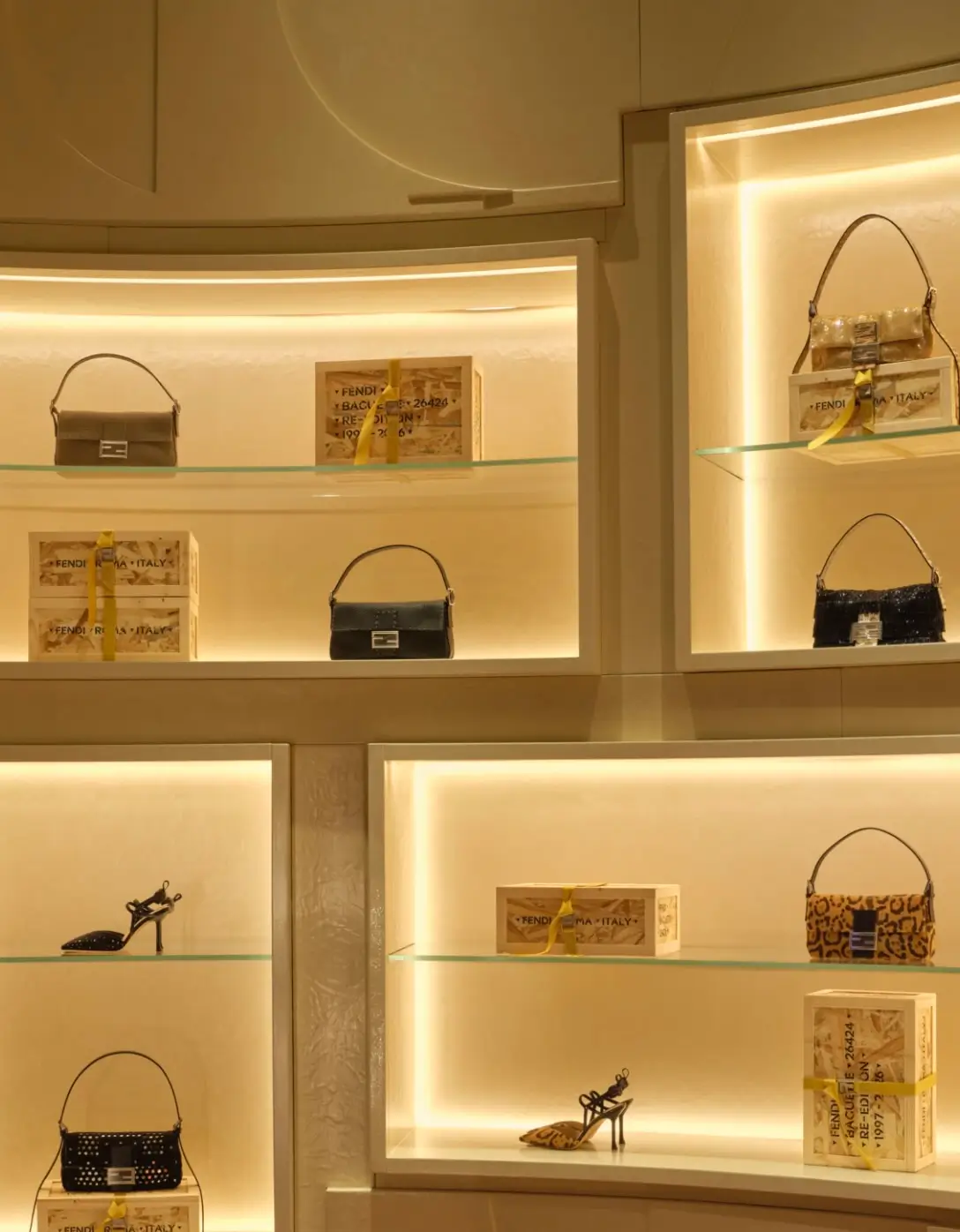A softly illuminated boutique display with recessed shelving, presenting a curated selection of handbags and heels in a warm, golden-toned environment. Each piece—structured mini bags in neutral, black, and patterned finishes—sits alongside neatly wrapped boxes, creating a balanced, gift-like composition. The glass shelves and diffused backlighting highlight textures and details, while the overall layout feels precise and elegant, blending retail presentation with a gallery-like sense of haute