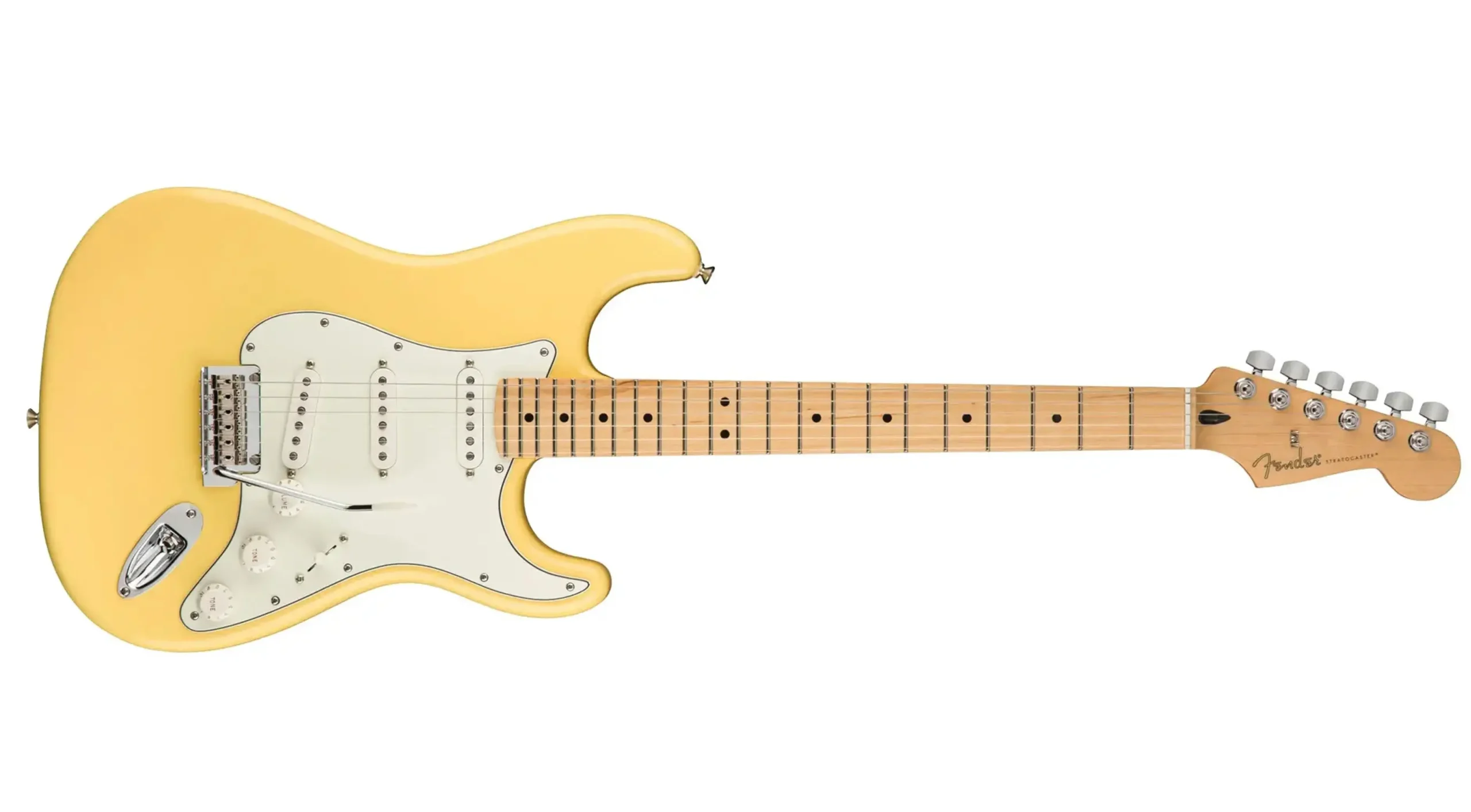 A classic Fender Player Stratocaster in Butterscotch Blonde finish with white pickguard, maple neck and fretboard, shown in a clean studio product shot