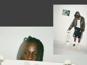 Collage-style image of Kader Sylla combining a close-up portrait with a full-body studio shot, where he stands holding a skateboard while wearing a camo hooded jacket, graphic shorts, and white sneakers. The minimal interior setting and layered composition emphasize both his personal presence and fashion-oriented identity within contemporary skate culture