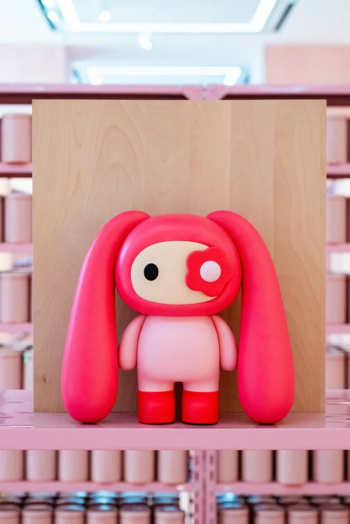 Pink juju vinyl collectible figure by Cj Hendry displayed on shelving inside a pastel-toned installation, highlighting character design and art toy presentation at Phillips Hong Kong exhibition