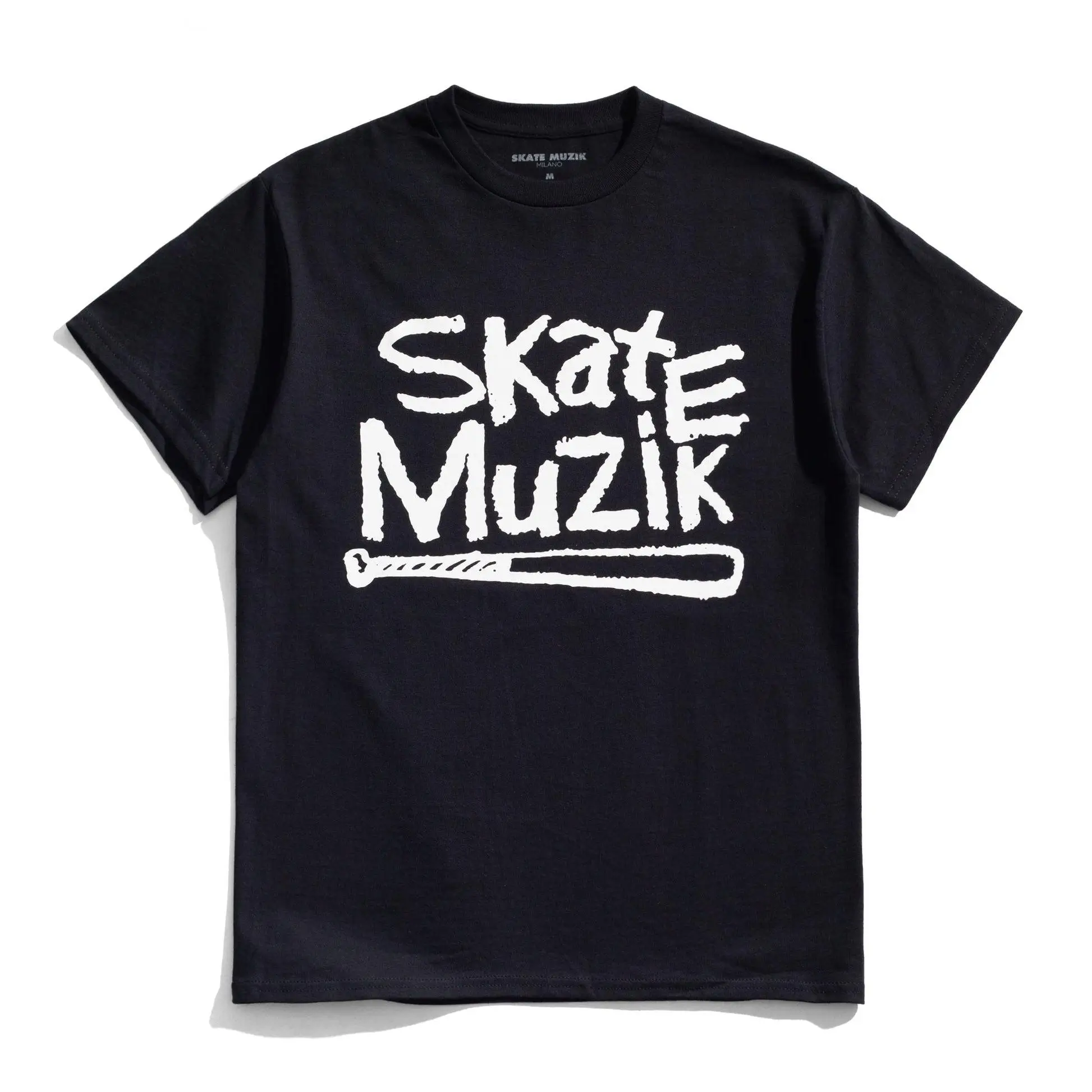 Black Skate Muzik t-shirt with white brush lettering 'SKATE MUZIK' and baseball bat graphic on the front. Premium Milan skate merch, 2026 signature drop