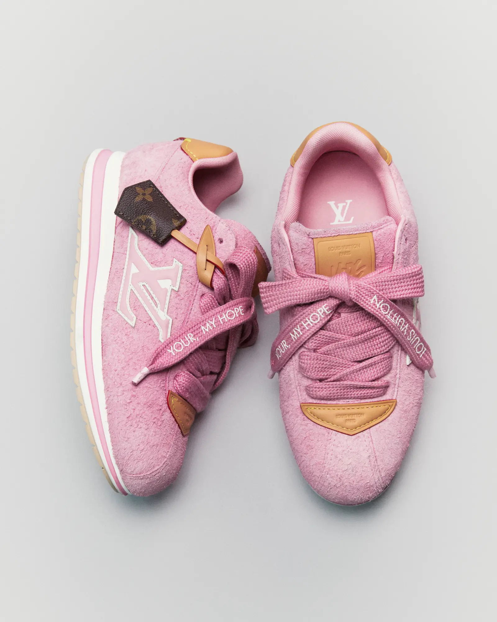 Louis Vuitton LV Buttersoft sneaker in rose suede with white accents designed by Pharrell Williams and j-hope