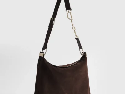 Full view of Dior Diorly bag in chocolate suede calfskin with adjustable leather shoulder strap and gold-tone Dior logo hardware, shown against a neutral background