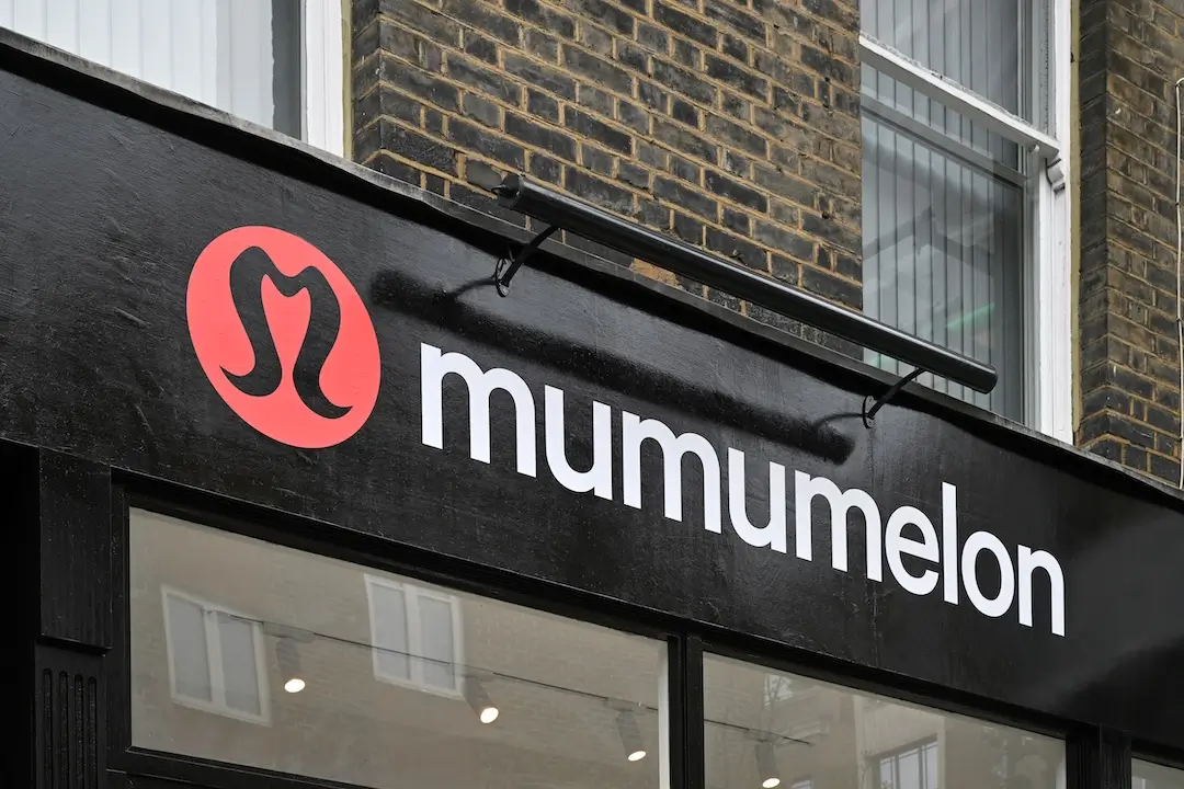 Mumumelon storefront sign with parody logo resembling Lululemon branding, highlighting satirical dupe fashion concept in London