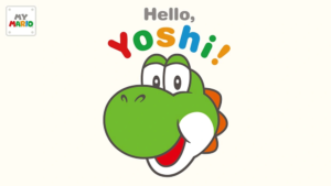 Green Yoshi smiling beneath colorful “Hello, Yoshi!” text with a My Mario logo, set on a clean light background in a bright, kid-friendly style.