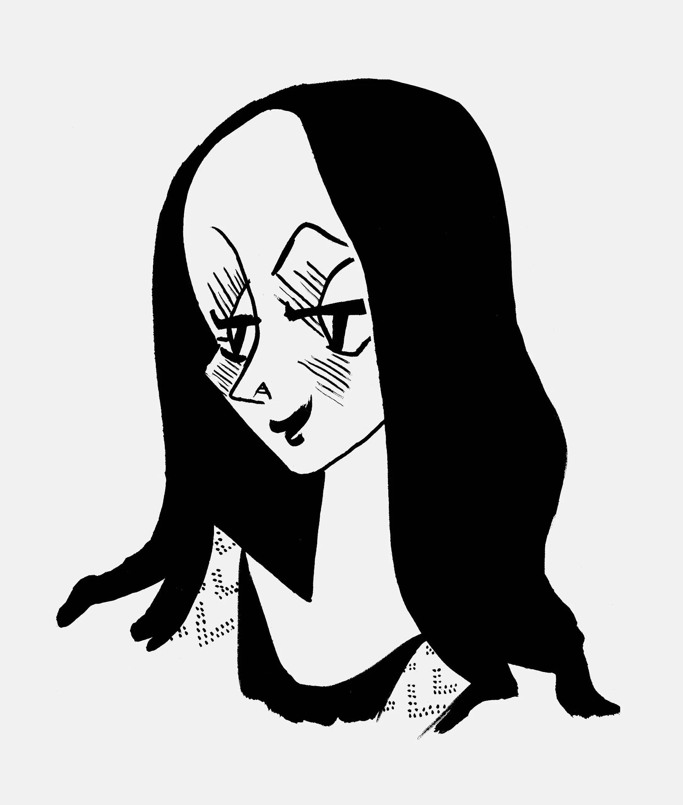 Black-and-white stylized portrait illustration of a woman with long dark hair, rendered in bold, simplified lines with exaggerated facial features