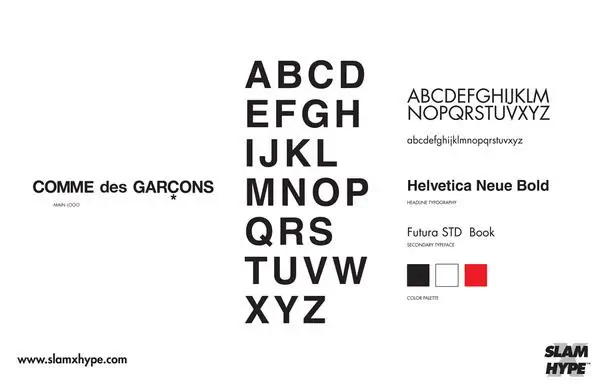 Typography sheet showcasing Comme des Garçons branding with alphabet layouts, Helvetica Neue and Futura typefaces, and a minimal black, white, and red color palette