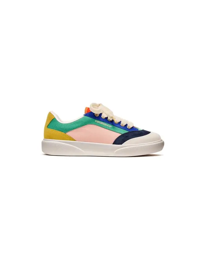 Casablanca Del Mar shoe in multicolour design featuring pastel pink panel, green and blue overlays, yellow heel accent, white laces, and a thick rubber sole on a clean studio background