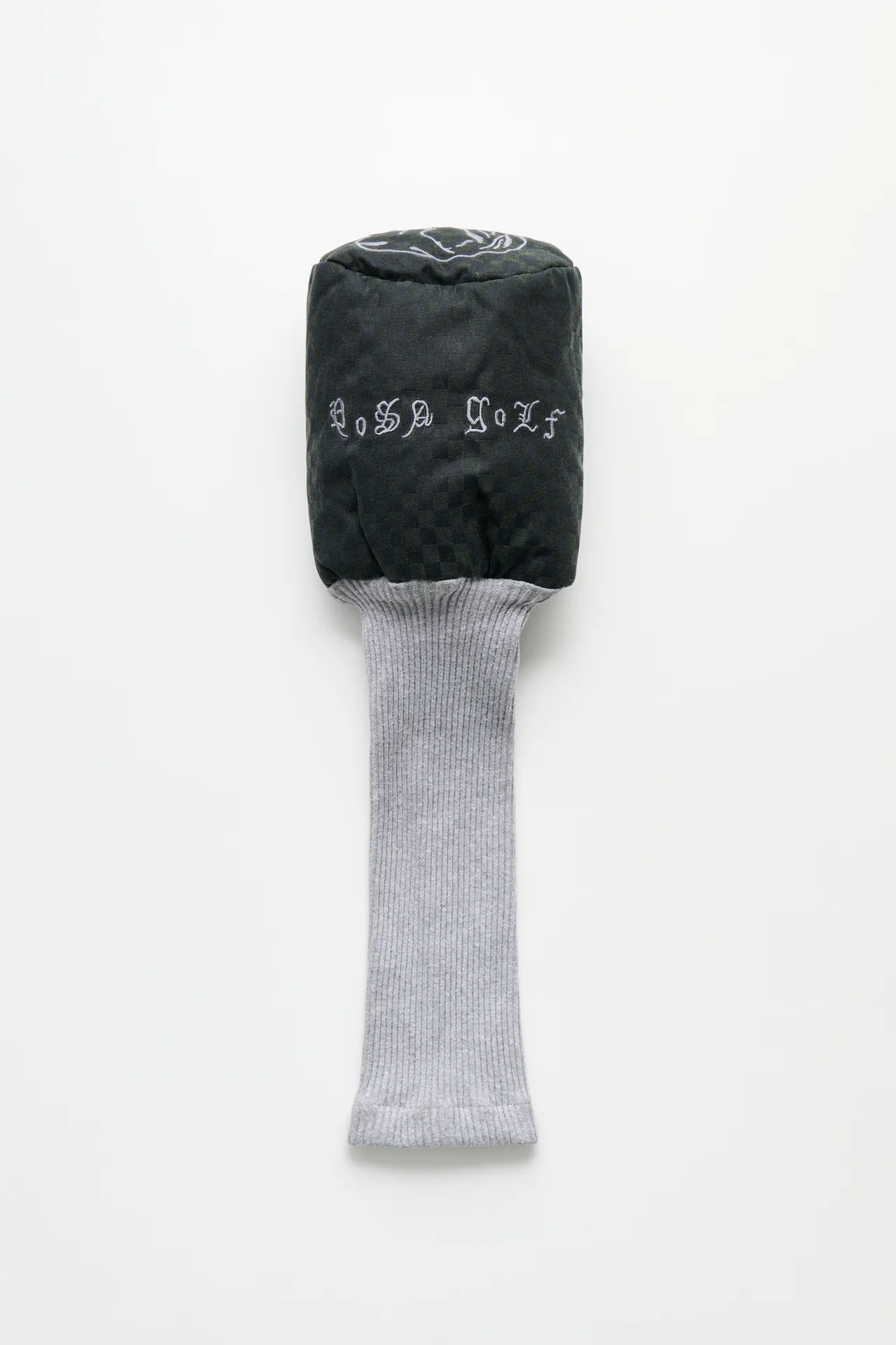 POSA Golf driver headcover in dark charcoal fabric with gothic-style embroidered logo, paired with a ribbed light grey knit shaft cover on a clean studio background