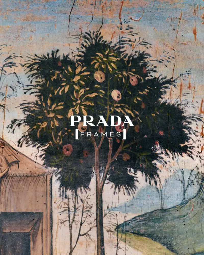 Prada Frames “In Sight” key visual featuring a classical painted tree set within a muted landscape, overlaid with the Prada Frames logo, blending historical imagery with contemporary graphic identity to reflect the symposium’s exploration of perception, representation, and view culture