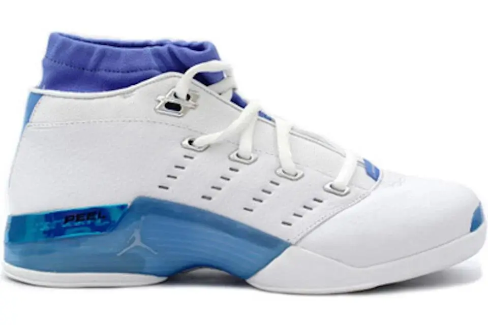 Side profile of a white and blue Air Jordan 17 shoe featuring a smooth white leather upper, blue inner lining, white laces with metal eyelets, and a translucent blue heel counter with “Jordan” branding and a visible Jumpman logo