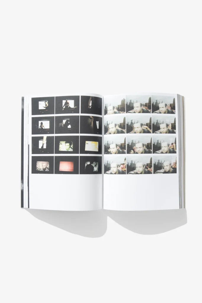 Frank Films showing a grid layout of film stills — contact-sheet style black frames with small images on the left and repeated portraits of a man against a city skyline on the right