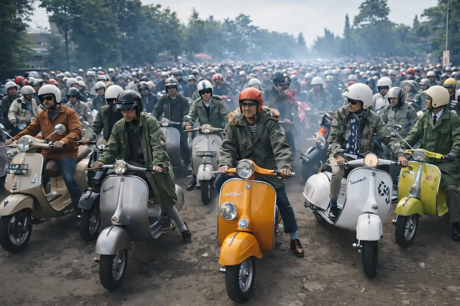 A large group of vintage scooter riders gathers on a tree-lined road, with colorful Vespas and Lambrettas in the foreground and a dense crowd stretching into the hazy distance behind them