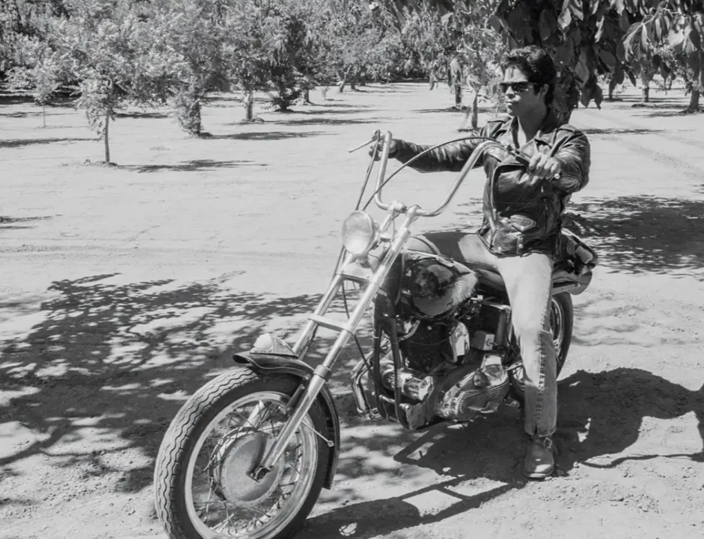 A man in a leather jacket and sunglasses rides a motorcycle through a sunlit orchard in a black-and-white scene