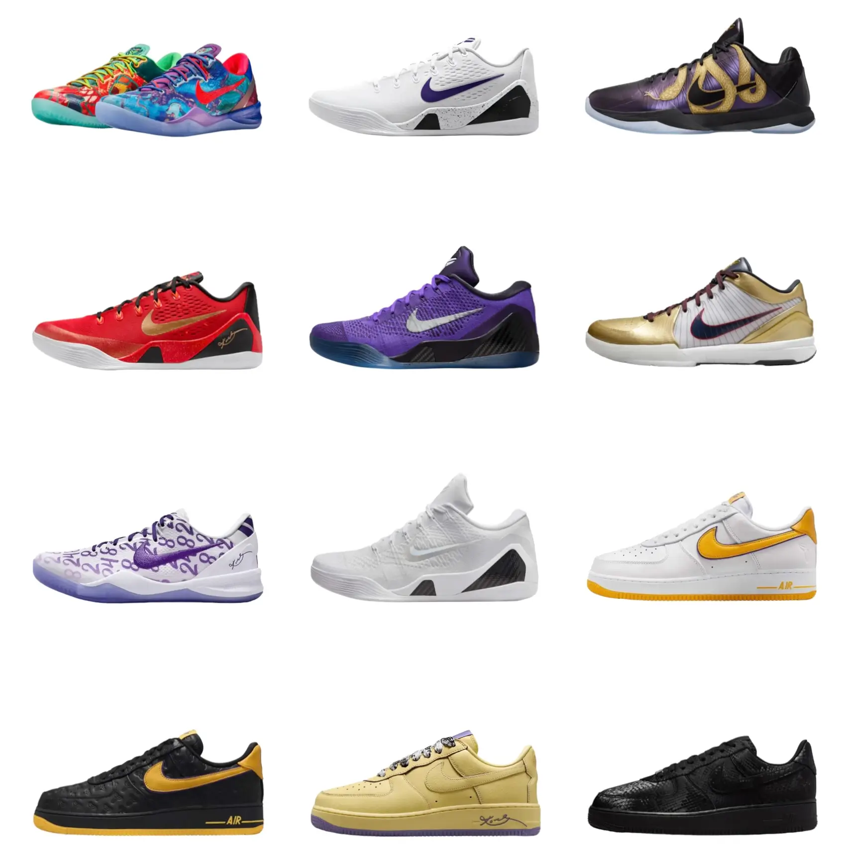 Grid of Nike basketball and lifestyle sneakers featuring multiple Kobe Bryant models and Air Force 1 variations in diverse colorways, including multicolor, red, purple, white, gold, and black, displayed against a clean white background