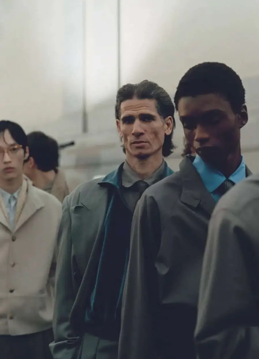 A group of men stand closely together in a softly lit interior, dressed in tailored, muted-toned suits and layered outerwear. The foreground figures wear darker, structured pieces with shirts and ties, while others in the background appear in lighter, understated looks. Their composed expressions and stillness create a contemplative, almost cinematic atmosphere, emphasizing refined tailoring and quiet elegance