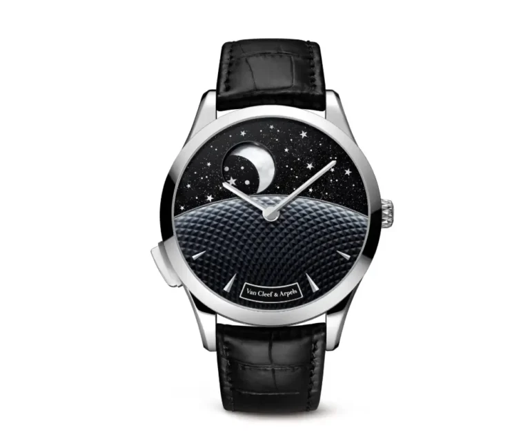 Van Cleef & Arpels Midnight Jour Nuit Phase de Lune watch on a clean white background, featuring a polished white gold case, black alligator strap, and aventurine dial with crescent moon, stars, and textured guilloché horizon