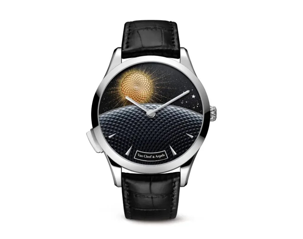 Van Cleef & Arpels Midnight Jour Nuit Phase de Lune watch on a white background, featuring a white gold case, black alligator strap, and aventurine dial with radiant gold sun above a textured guilloché horizon and starry sky