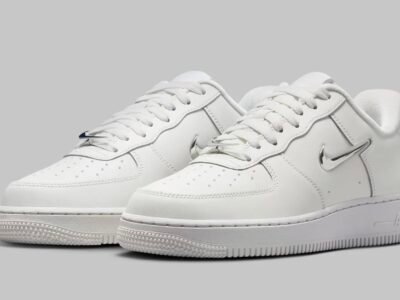 Women’s Nike Air Force 1 Low IU7558-030 Phantom white with metallic silver Swoosh, full pair studio shot