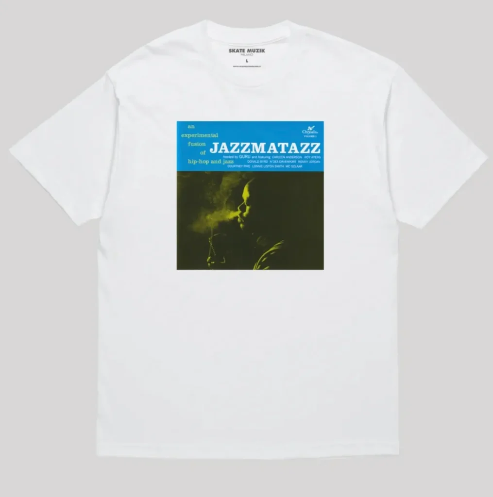 White Skate Muzik t-shirt with Guru’s Jazzmatazz album art printed large on the front. Premium Milan skate culture drop celebrating hip-hop and jazz classics