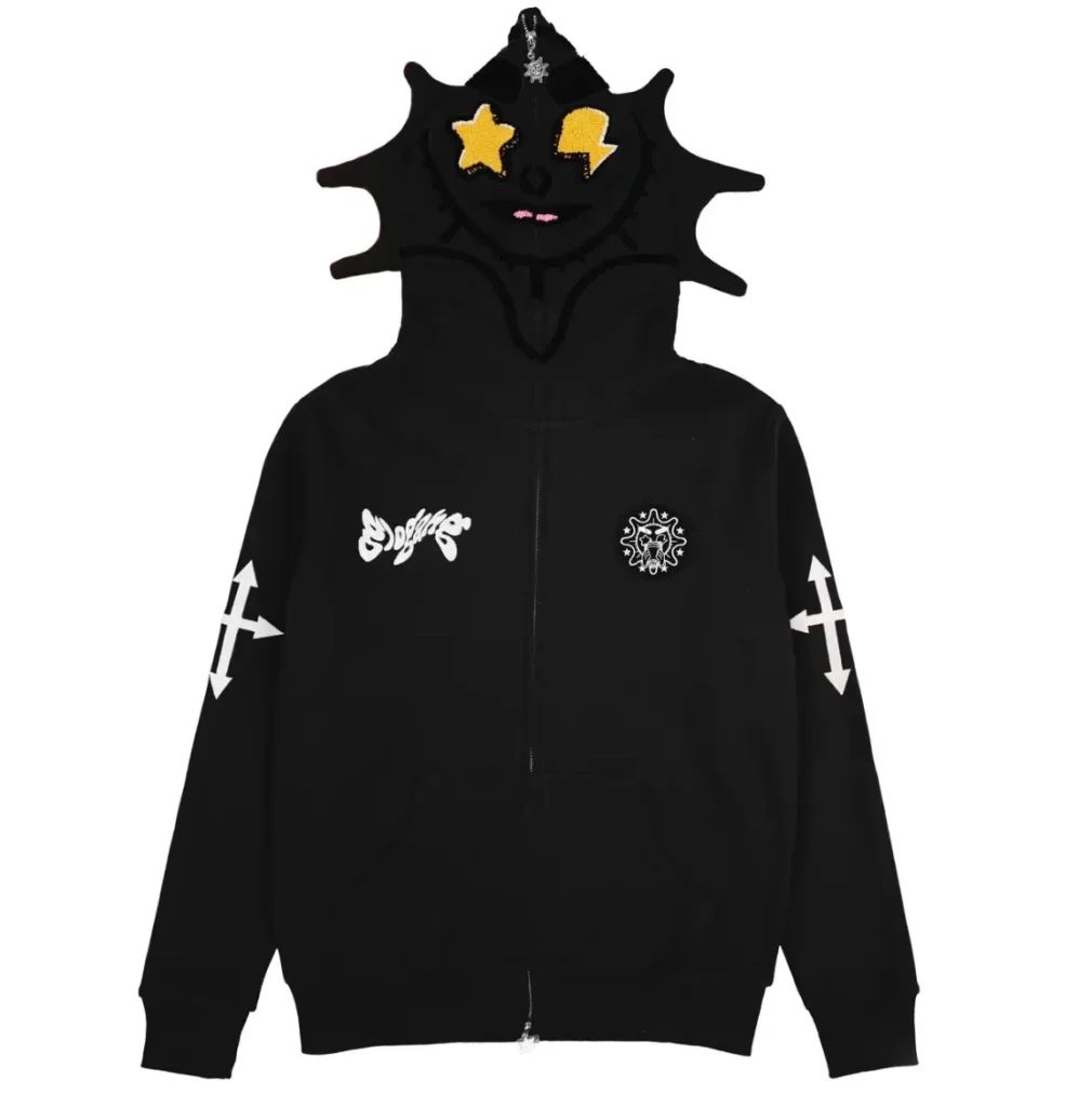 Black Glo Gang Glo Man full zip hoodie featuring a sculpted character hood with star-shaped chenille eyes and spiked detailing, front zipper closure, kangaroo pockets, white sleeve graphics, and chest logos on a clean, neutral background